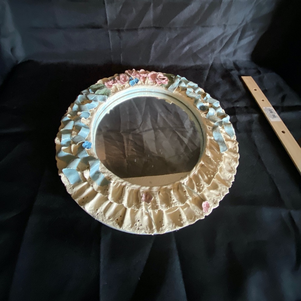 11 1/4" Cottage Core Mirror with PInk and Blue Flower/Ribbon